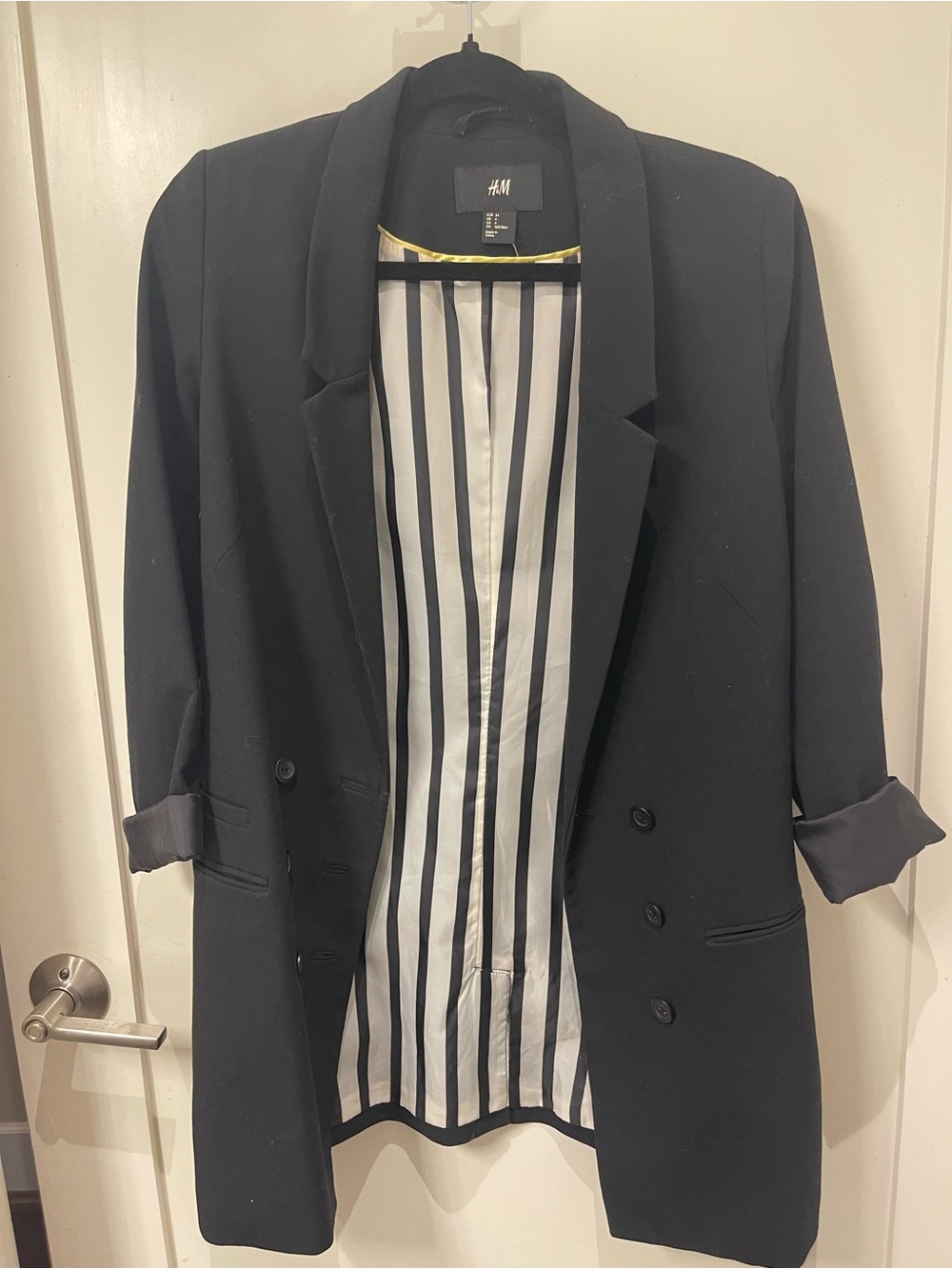 H&M Black Double-Breasted Long Blazer with Striped Lining